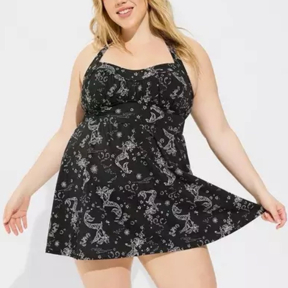Torrid Black Mermaid Print Retro Wireless Long Swim Dress Swimsuit 2X 18 20 - Picture 12 of 14